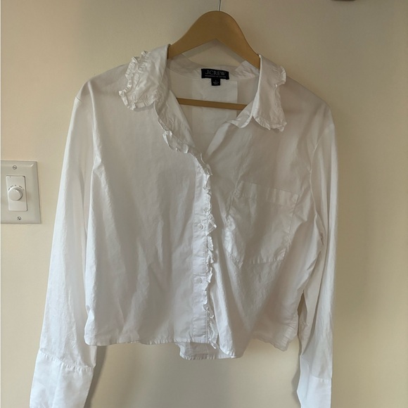 J. Crew Regenerative Cotton Cropped Ruffle Oxford Button Down Blouse Large - Picture 5 of 13